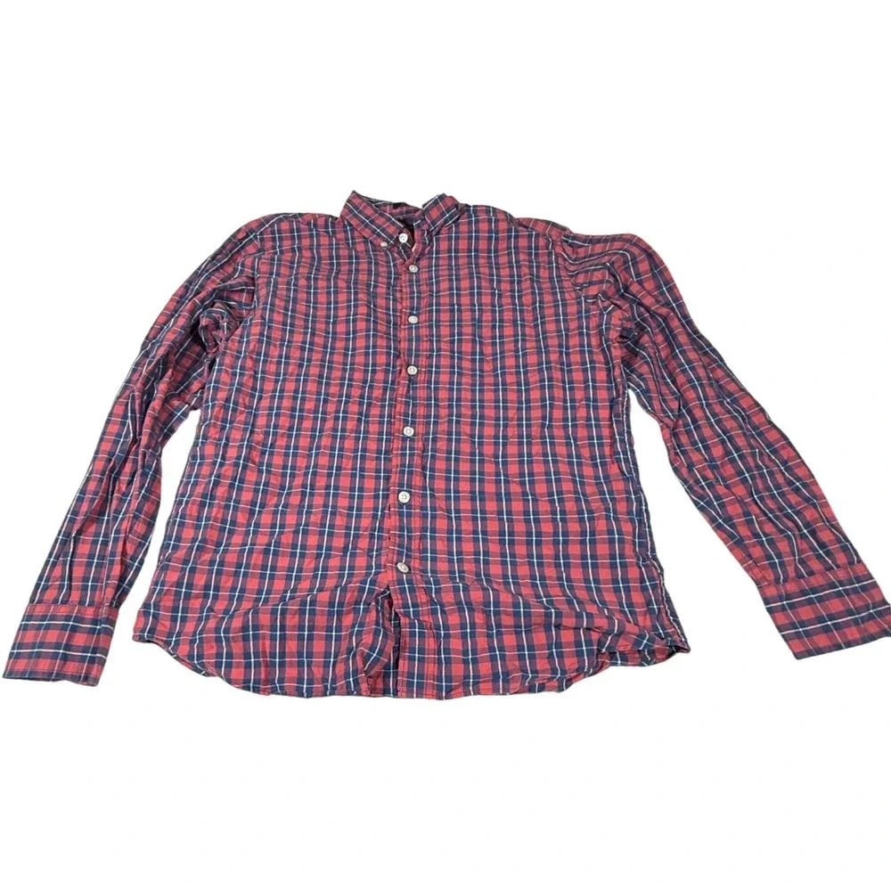 J.Crew Men's M Slim Fit Red Navy Plaid Button-Down Shirt Long Sleeve